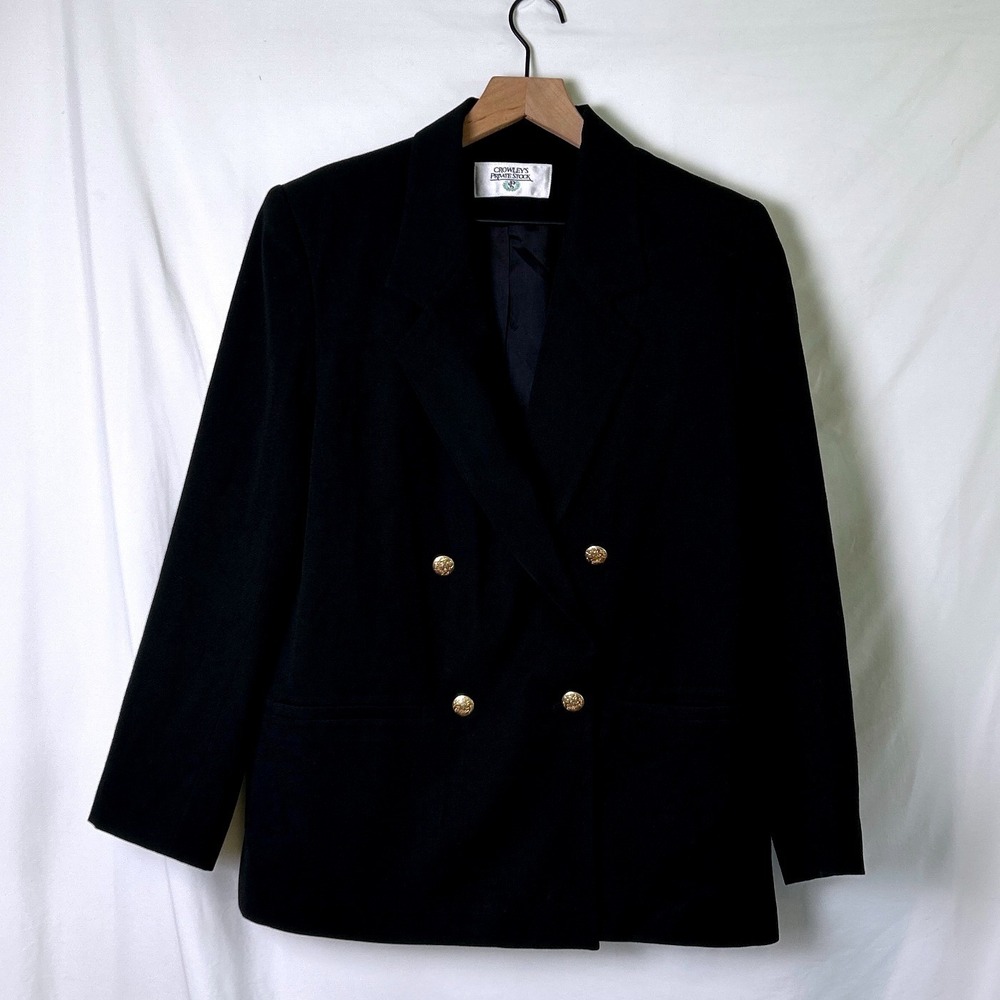 VTG Crowleys Private Stock Womens Blazer Black 100% Wool Gold Button Old Money